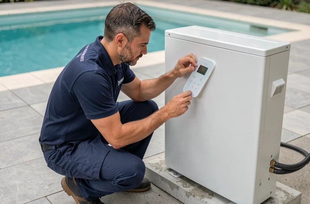 Technicien en train de régler une pompe à chaleur de piscine sur une terrasse carrelée