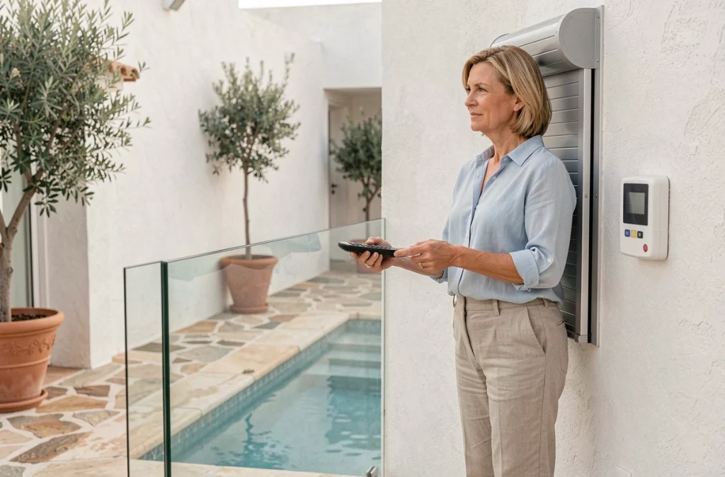 Femme actionnant la télécommande d'un volet roulant de piscine installé sur une terrasse méditerranéenne