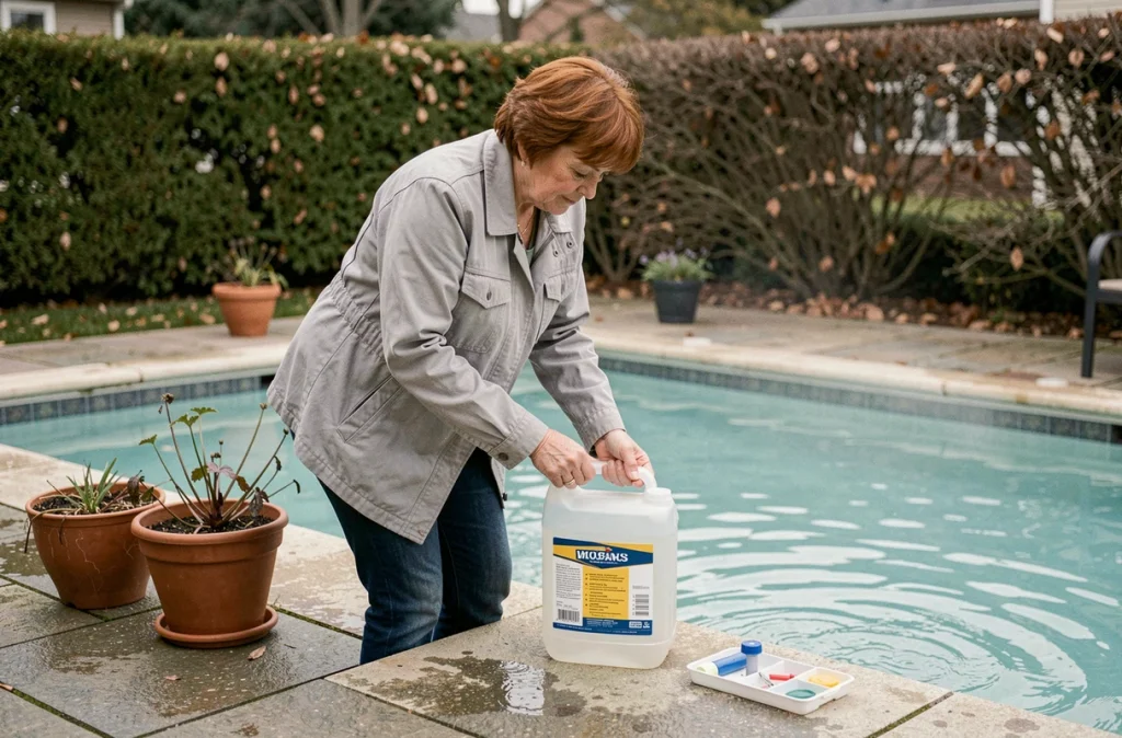 Femme ajoutant des produits chimiques d'hivernage dans une piscine pour préparer l'eau avant la fermeture hivernale