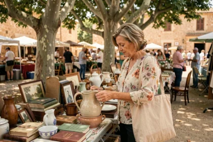 Femme examinant une cruche en céramique vintage sur un vide grenier à Montpellier, entourée de brocantes sous les platanes