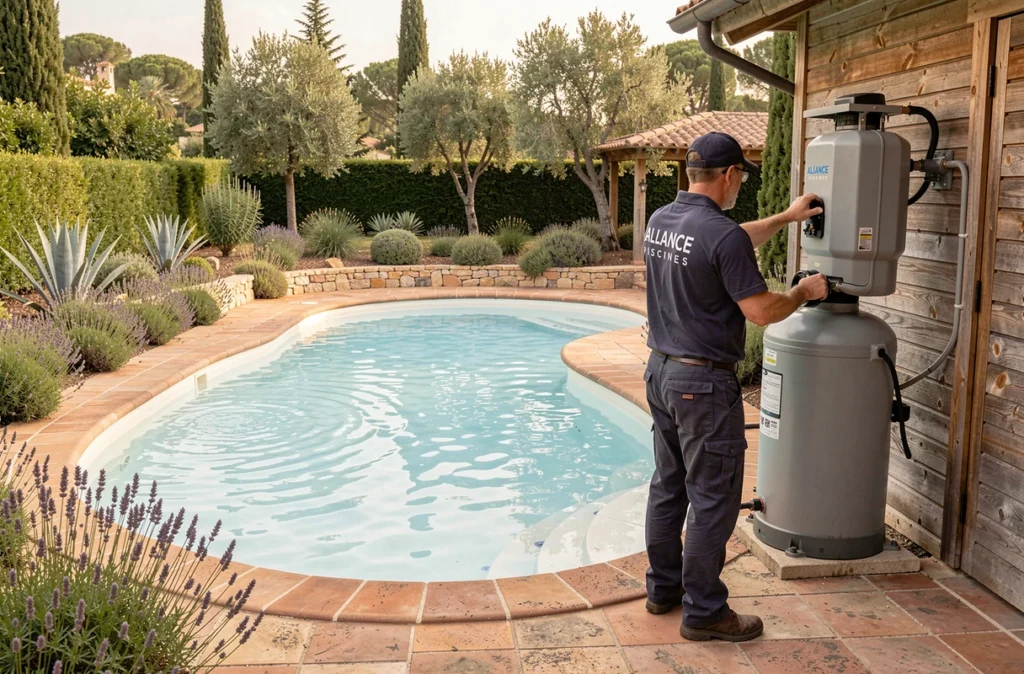 Technicien d'Alliance Piscines inspectant le système de filtration d'une piscine en pierre de style méditerranéen