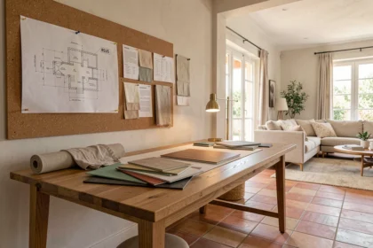 Studio d'architecte d'intérieur contemporain dans l'Hérault avec planches d'inspiration, échantillons de matériaux et maquette d'espace de vie méditerranéen