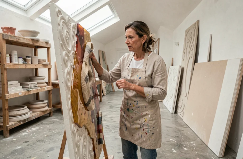 Créatrice de l'Atelier Plasticus examinant un panneau décoratif artisanal en plâtre, résine et textile dans son atelier d'art appliqué au design d'intérieur