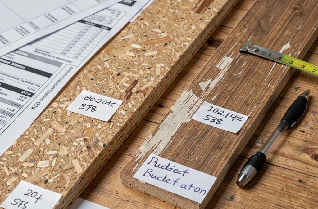 Comparaison de deux échantillons de plancher en aggloméré de qualités différentes avec étiquettes de prix, vue de dessus