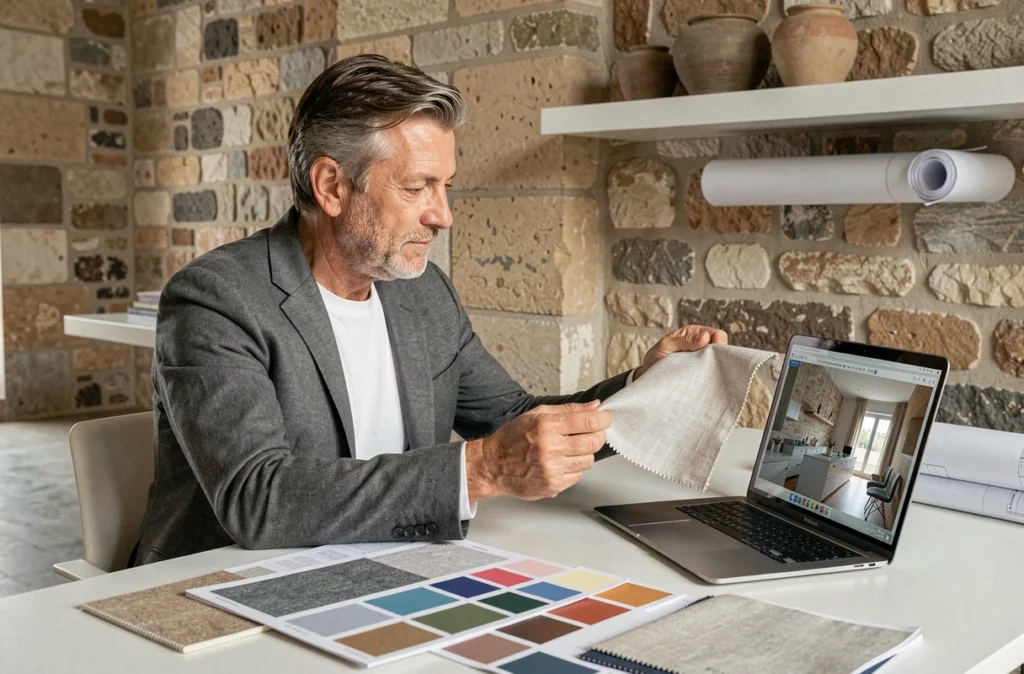 Damien Servanton de AI&D dans son bureau d'architecture d'intérieur avec plans numériques, matériaux et mur en pierre apparente de l'Hérault