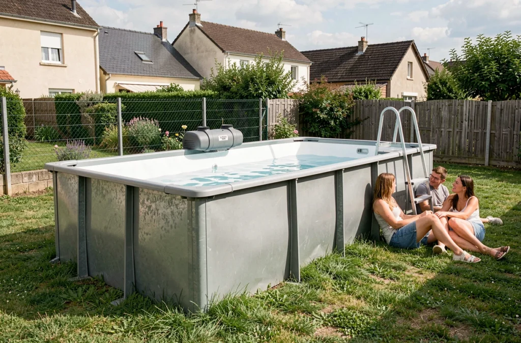 Piscine hors-sol modulaire Desjoyaux installée dans un jardin résidentiel avec une famille se reposant à côté