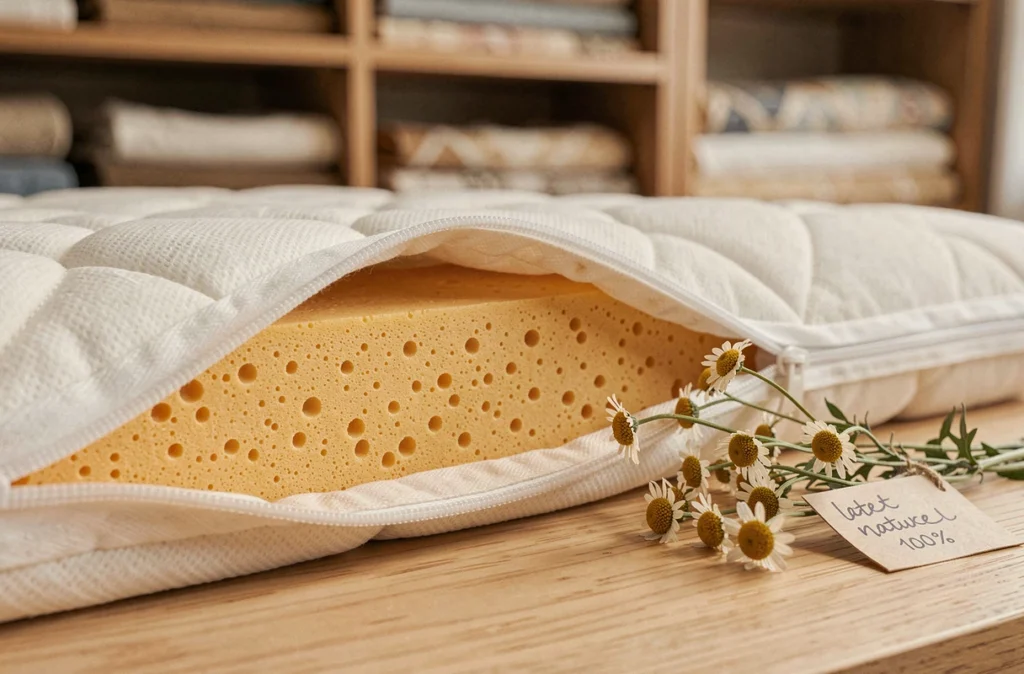 Gros plan sur la texture du latex naturel d'un matelas japonais avec coton bio et détails du matériau écologique