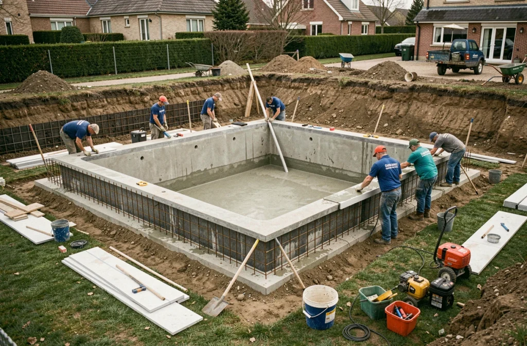 Équipe de Diffazur Piscines en train de construire une piscine enterrée dans un jardin résidentiel en Essonne