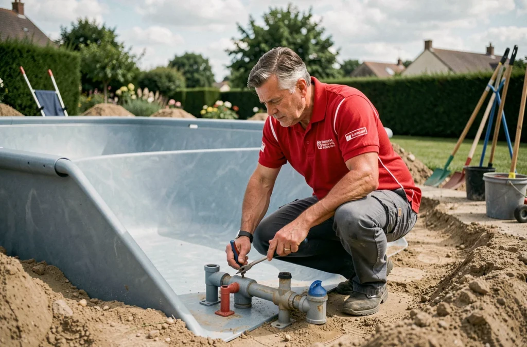 Technicien de Diffazur Piscines secteur Loire ajustant la plomberie à l'intérieur d'une coque en fibre de verre fraîchement posée