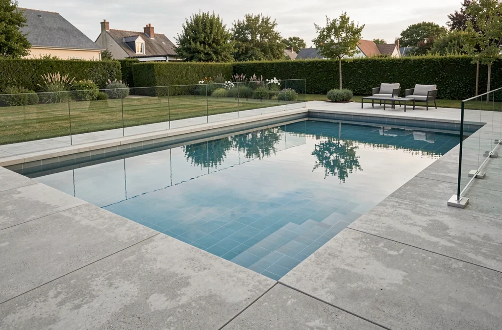 Piscine rectangulaire moderne réalisée par Equali Piscines avec contours en béton poli et clôture en verre