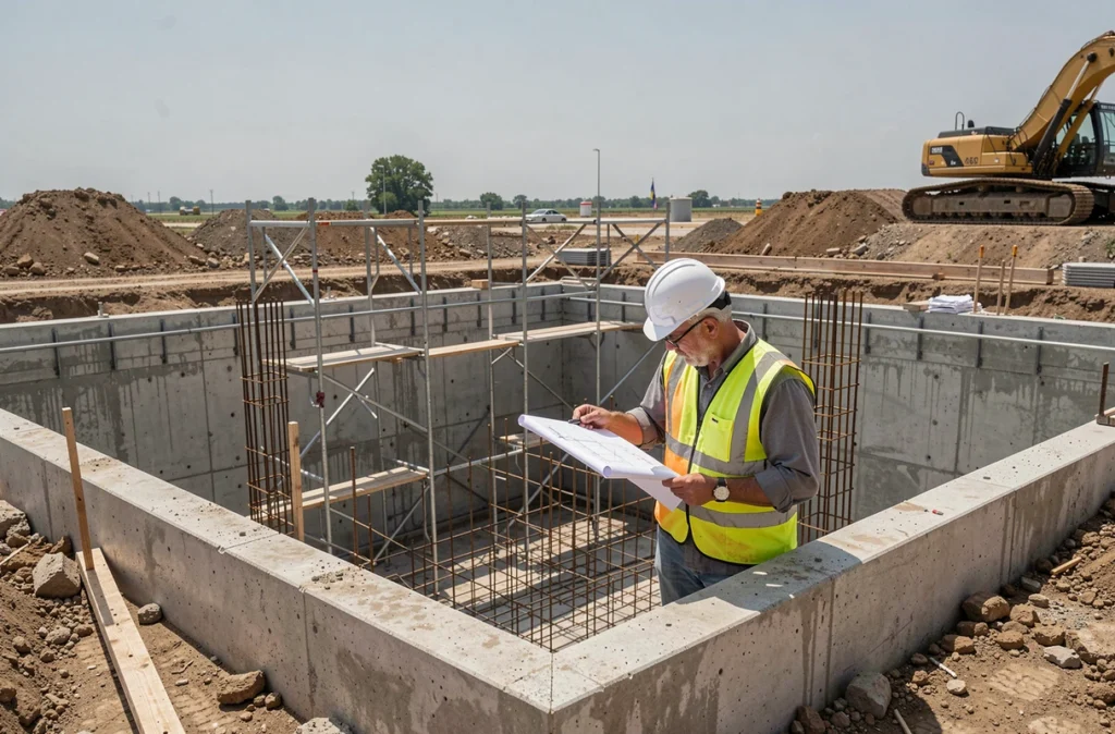 Chantier de construction d'une piscine en béton par FELCO Construction avec un chef de projet examinant des plans