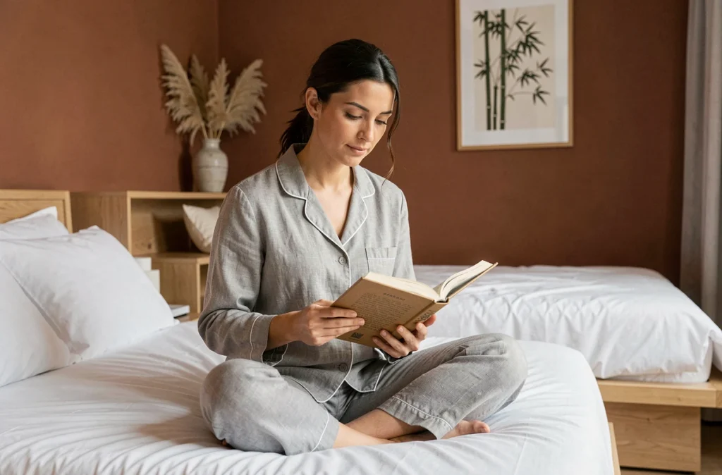 Femme consultant un livre feng shui assise sur un lit bien orienté dans une chambre contemporaine aux tons terre cuite
