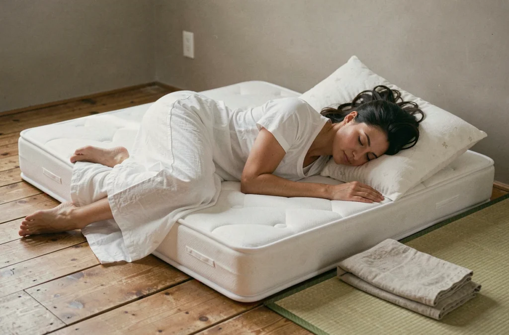Femme dormant paisiblement sur un matelas latex naturel dans une chambre au style japonais épuré