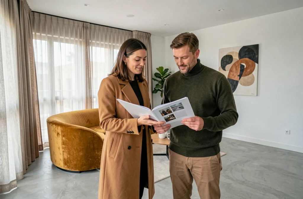 L'équipe de For Interior Living dans un appartement contemporain de Montpellier avec sol en microciment, canapé en velours ocre et rideaux en lin