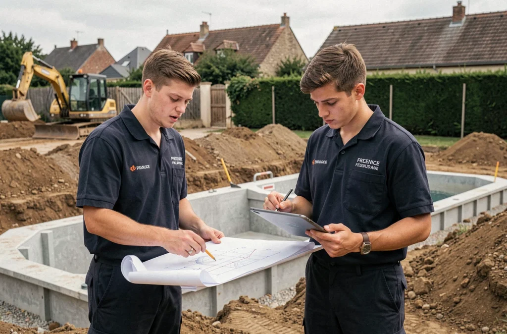 Deux techniciens de Génération Piscine Loire consultant des plans techniques sur un chantier d'excavation pour une future piscine