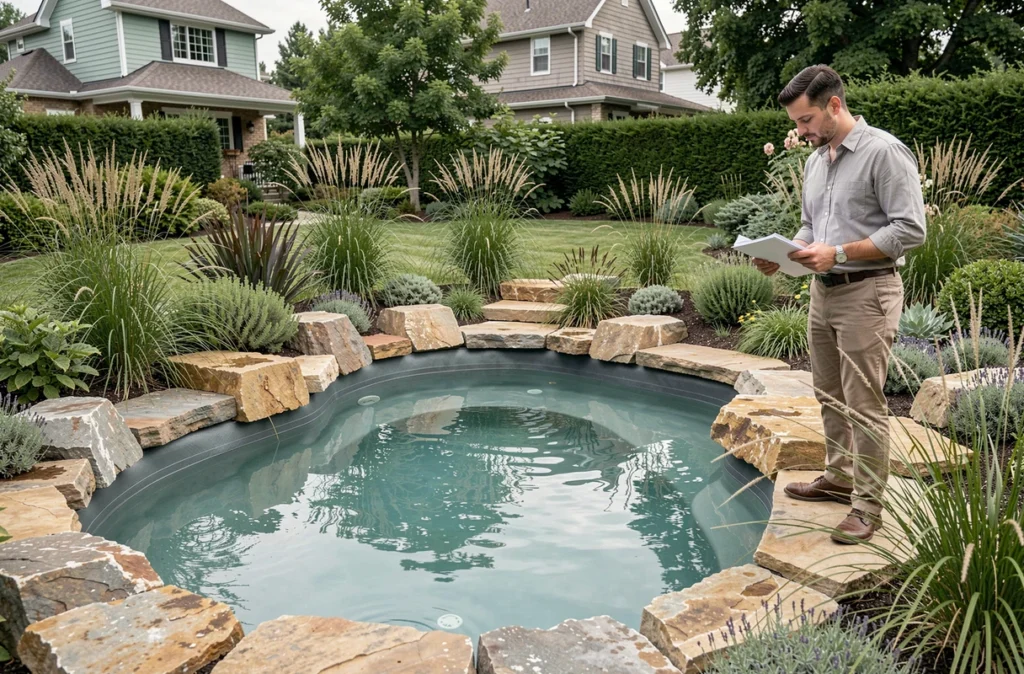 Piscine paysagère de style lagon naturel réalisée par Illot Piscines avec pierres naturelles et végétation ornementale