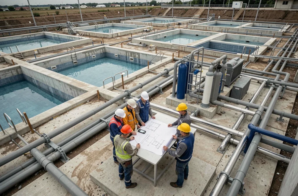 Grand chantier de construction d'un complexe de piscines commerciales par International Water Management Group avec ingénieurs sur site