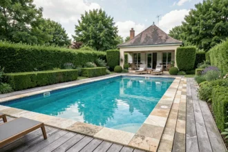 Vue panoramique d'une piscine résidentielle dans un jardin de l'Essonne, entourée de végétation et d'une terrasse en bois