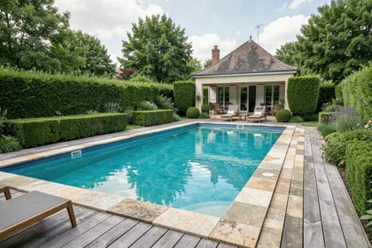 Vue panoramique d'une piscine résidentielle dans un jardin de l'Essonne, entourée de végétation et d'une terrasse en bois