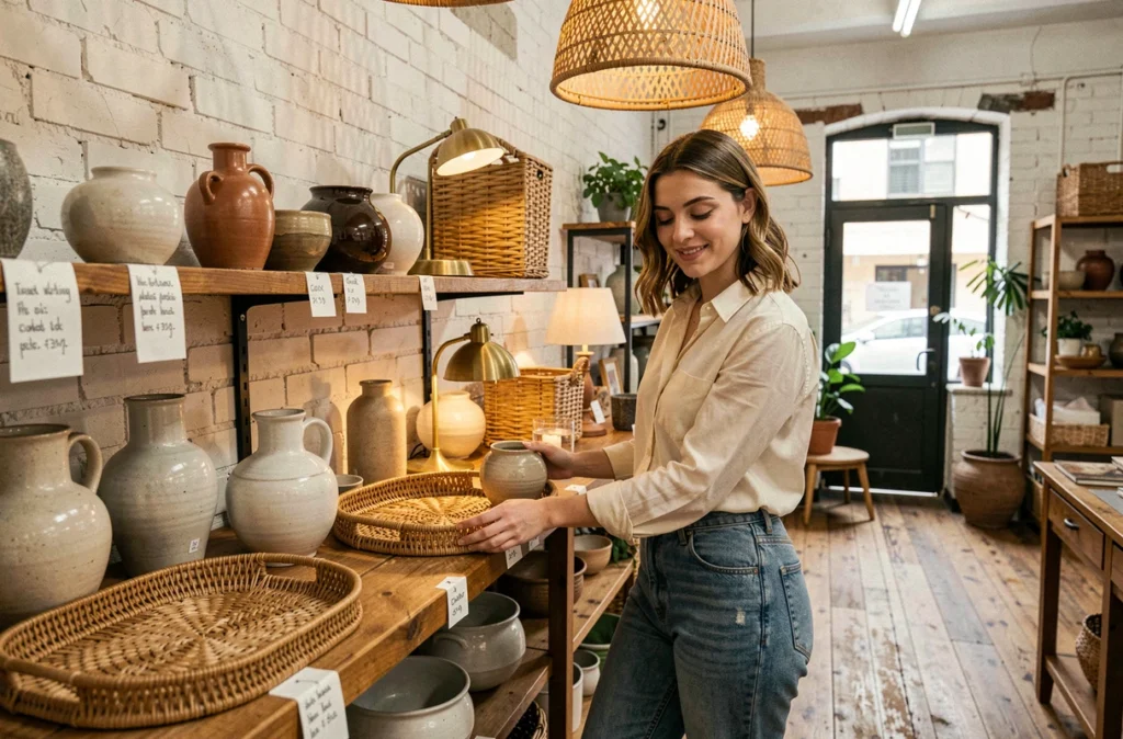 Responsable de Mona Market arrangeant des objets vintage et des céramiques sur des étagères en bois dans le concept store de décoration de Montpellier