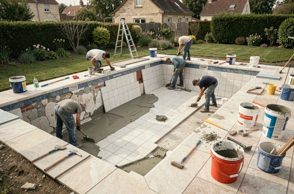 Chantier de rénovation d'une piscine par Mondial Piscine avec ouvriers posant de nouveaux carreaux céramiques