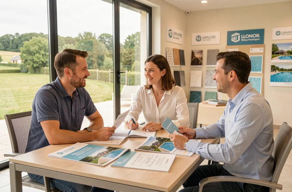 Conseiller commercial de Mondial Piscine Réseau Loire présentant des modèles de piscines à un couple de clients dans un showroom