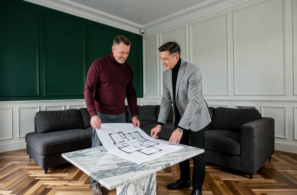 Les deux designers de Mr. & Mr. dans un appartement moderne avec mur vert foncé, canapé en bouclé anthracite et parquet en chêne fumé en chevrons