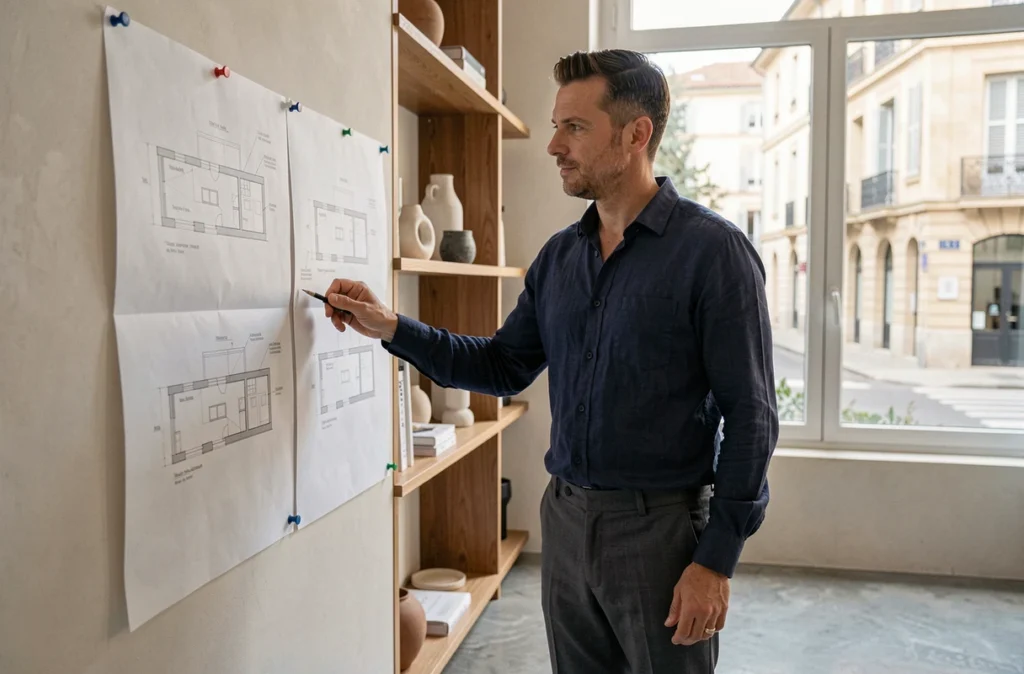 Architecte d'intérieur Adrien Maury de Notes de Styles Montpellier examinant des plans d'élévation dans son studio de design contemporain