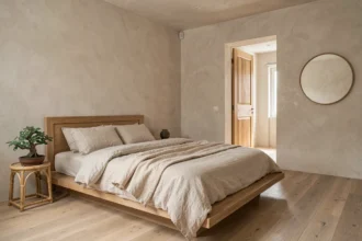 Chambre minimaliste feng shui avec lit en bois orienté face à la porte, literie en lin beige et plante verte sur table de nuit en bambou