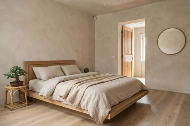 Chambre minimaliste feng shui avec lit en bois orienté face à la porte, literie en lin beige et plante verte sur table de nuit en bambou