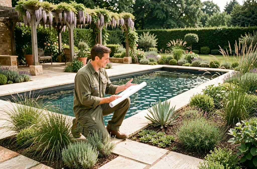 Paysagiste de Pastel Paysage aménageant les abords d'une piscine avec des plantations ornementales dans un jardin de la Loire
