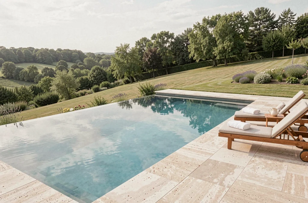 Piscine à débordement réalisée par Piscine Passion dans un jardin en pente avec terrasse en travertin