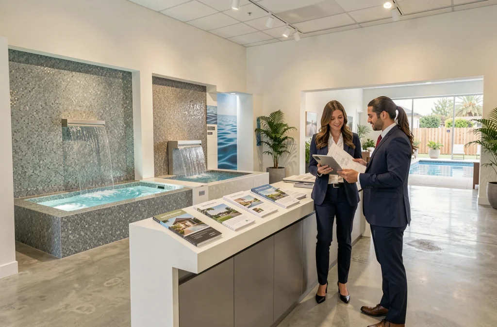 Showroom de Piscines Carré Bleu Decolux Garden avec des modèles de piscines et un conseiller en train d'aider des clients