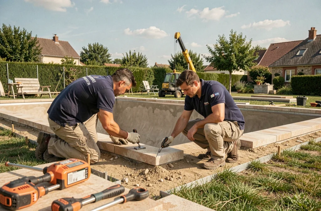 Équipe de Piscines de France Agence Loire posant les margelles d'une piscine en cours de construction dans un jardin résidentiel