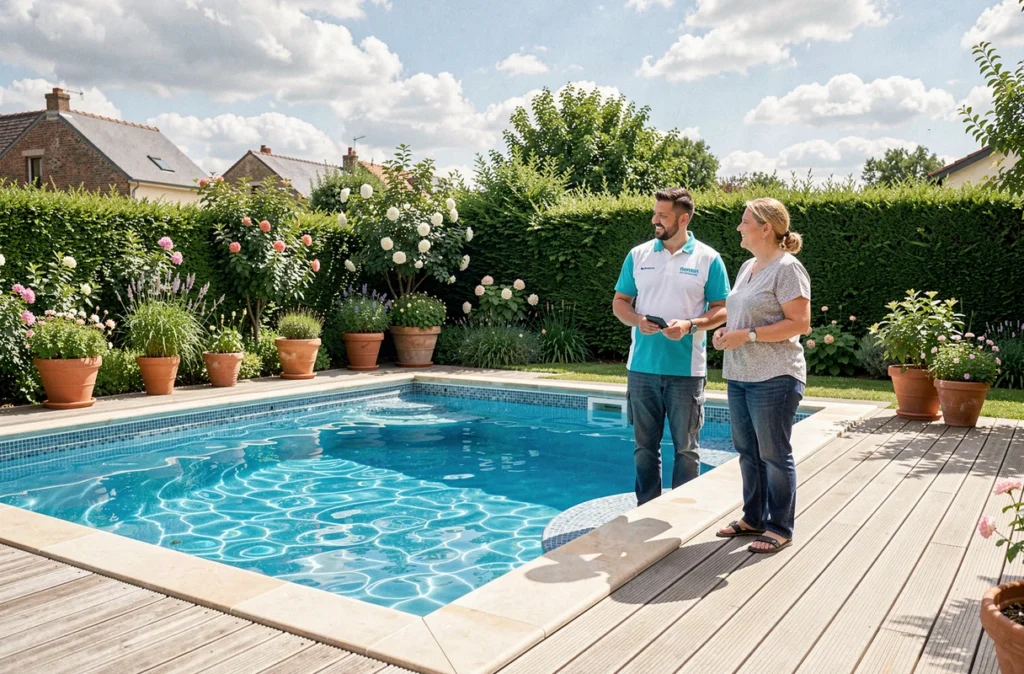 Installateur de Piscines Ibiza Loire présentant une piscine carrelée mosaïque achevée à des propriétaires satisfaits dans leur jardin