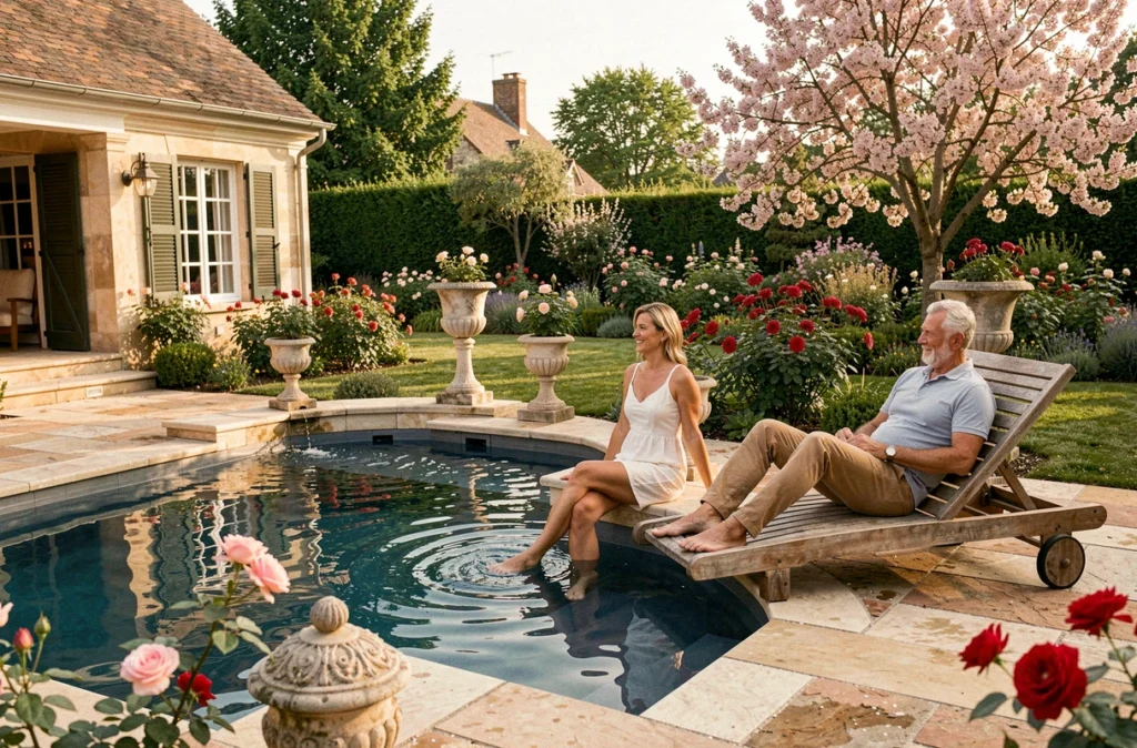 Couple profitant d'un espace piscine et spa aménagé par Rêve de Piscine et Spa dans un jardin luxueux de la Loire