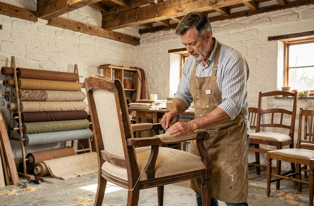 Artisan de Sauvons les Meubles restaurant un fauteuil vintage dans un atelier de rénovation de meubles avec des pièces récupérées et des outils de tapisserie