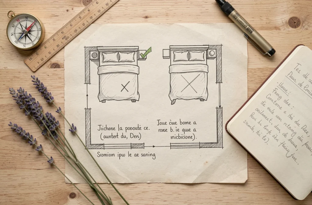 Vue aérienne de croquis feng shui d'orientation de lit sur papier crème avec boussole et règle en bois sur bureau en bouleau