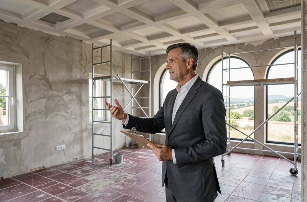 Stéphane Vitu de Global Expertises supervisant une rénovation de villa de prestige dans l'Hérault avec plafond à caissons et sol en pierre de Bourgogne