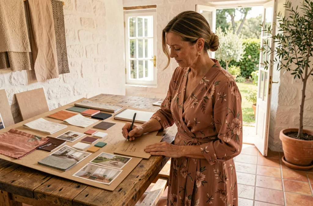Véronique Tafoiry-Dauré travaillant sur un tableau d'inspiration dans un studio lumineux aux murs en pierre blanchie et carrelage en terre cuite du Languedoc