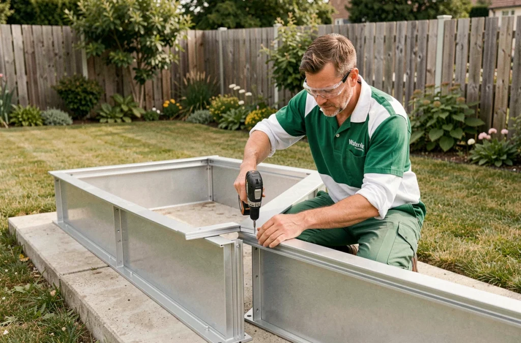 Technicien Waterair Réseau Loire assemblant les panneaux modulaires en acier d'une piscine dans un jardin résidentiel