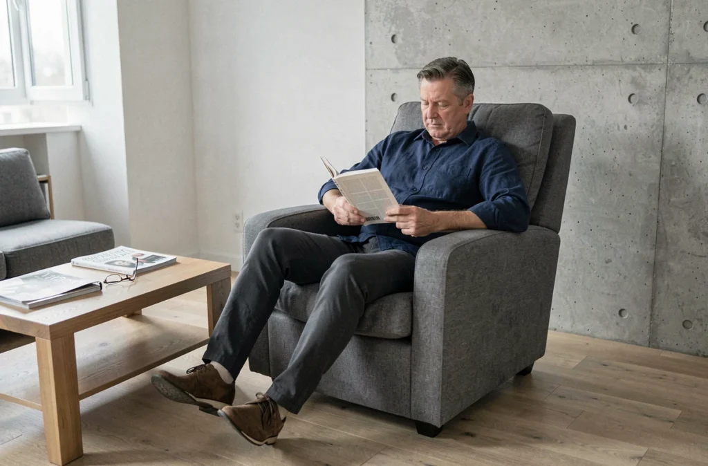 Homme assis dans un fauteuil trop profond avec les pieds décollés du sol, montrant les erreurs ergonomiques fréquentes lors du choix d'un fauteuil confort pour lire
