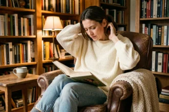 Femme assise dans un fauteuil en cuir avec une mauvaise posture de lecture, illustrant les erreurs courantes de confort dans un fauteuil de lecture