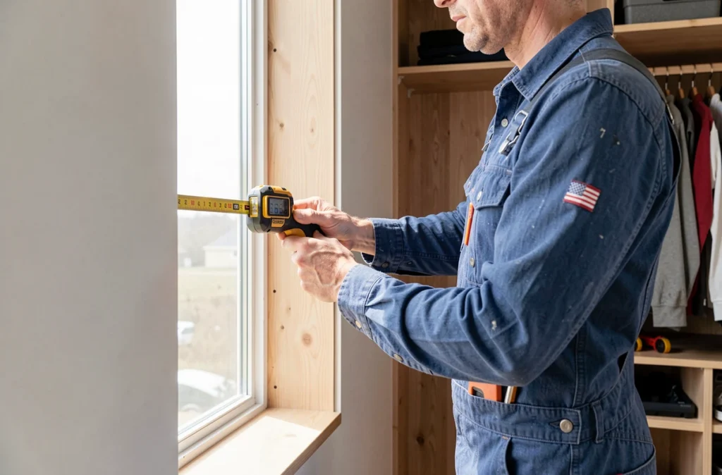 Menuisier mesurant une niche murale pour un placard sur mesure
