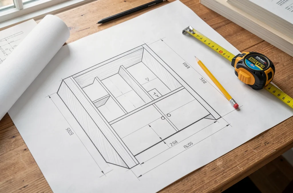 Plan coté d'un meuble de rangement sur le bureau d'un architecte d'intérieur